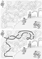 Fototapeta premium A vector illustration shows a ladybug navigating a winding blue maze to join its friends who are skating on the ice below - maze for kids with a solution in black and white