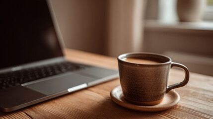 A cozy workspace featuring a steaming cup of coffee next to a sleek laptop, set against a warm, softly-lit background.