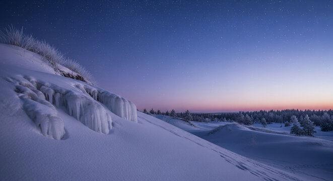Icy waterfall covered in snow with frosty vegetation and a purple sky full of stars, representing serene winter night and the beauty of the Arctic landscape