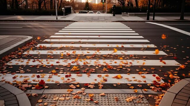 Autumn leaves falling onto a pedestrian crosswalk with traffic lights showing green, road safety concept.