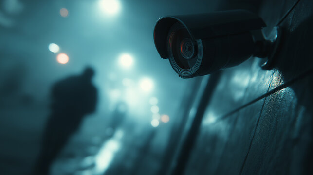 A surveillance camera watches over a dimly lit urban scene, capturing the silhouette of a person in the haze, creating an atmosphere of mystery.