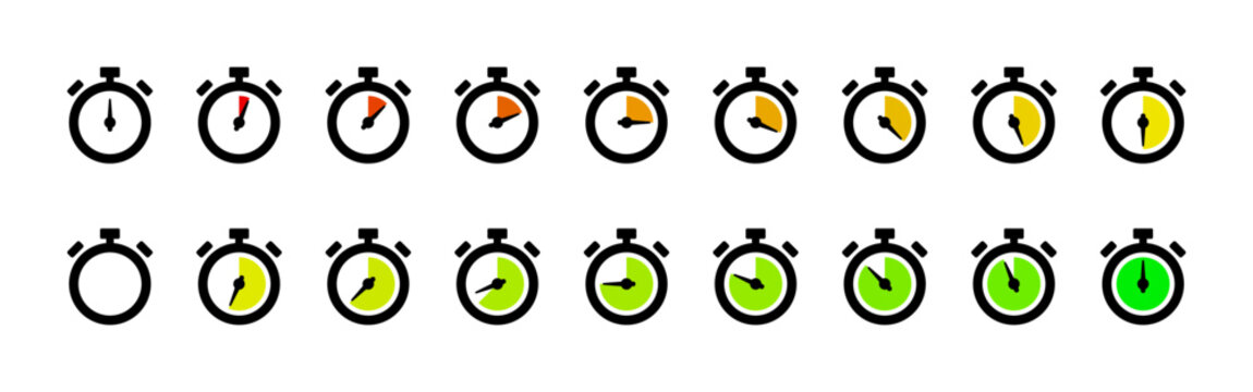 Stopwatch timer icon set. Circular countdown clock with progressive color segments vector. Time tracking dial for workflow and productivity apps sign. Interval gauge for progress steps symbol.