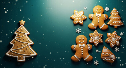 Arrangement of glazed gingerbread cookies shaped as trees, stars, and human figures on a flat teal surface, evoking Christmas, celebration, and festive treats