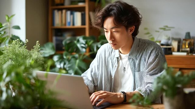 Faceless young Asian man working on laptop at comfortable home office desk books plants in background remote work lifestyle freelance digital business work from home setup wit