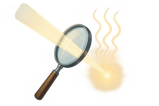 Magnifying glass focusing light creating heat and burning. Concentrating solar energy for science experiment or analysis