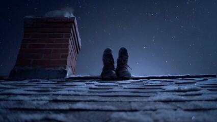 Chimney santa boot rooftop at night. Pair of Santa Claus's boots sticking out of a brick chimney on a snowy rooftop at night. Santa boots on the rooftop by the chimney at night in the snow silhouette.