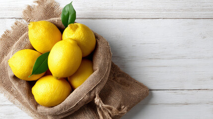 A rustic burlap sack overflowing with vibrant yellow lemons, accented by green leaves, set against a light wooden background. Fresh and inviting!