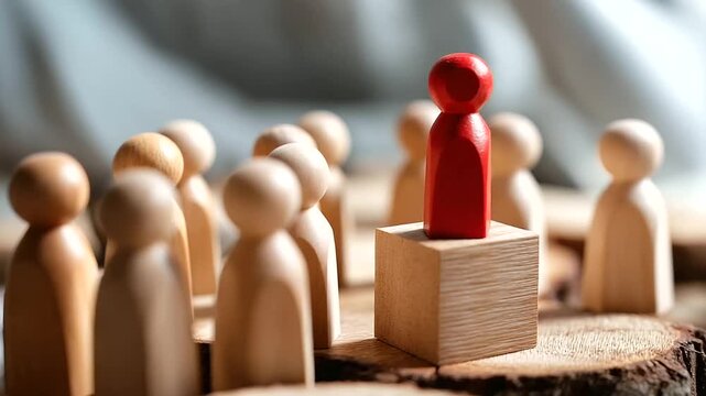 Leadership individuality concept red wooden figure standing elevated on block surrounded by natural wooden figures leader representation uniqueness distinction teamwork