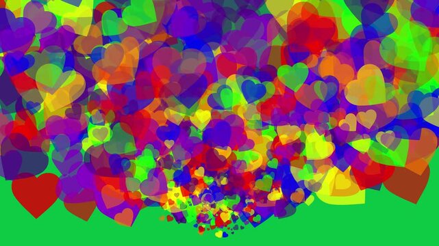  Colored hearths of dimensions with many colored letteres from bottom on green background