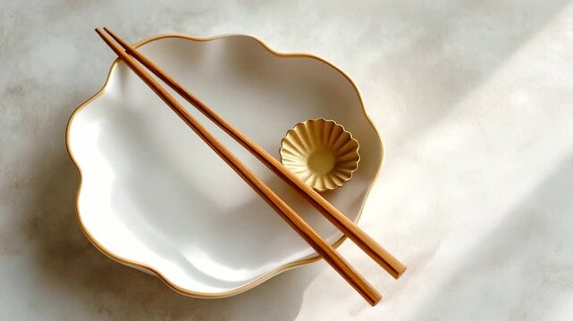 Minimal white backdrop with fish-shaped ceramic plate and chopsticks, zen tableware styling, airy negative space, with copy space