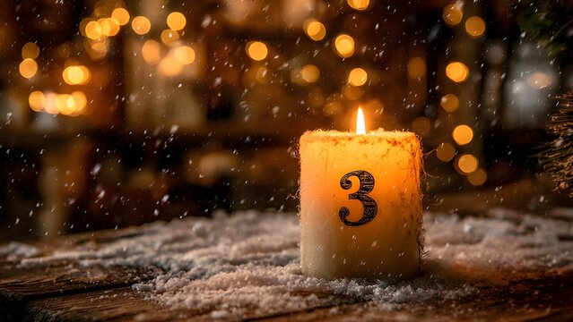 Advent candle marked with the number 3 lit on the second Sunday of Advent preparation and anticipation leading up to Christmas. Advent candle marked with the number 3 snowflakes bokeh background.