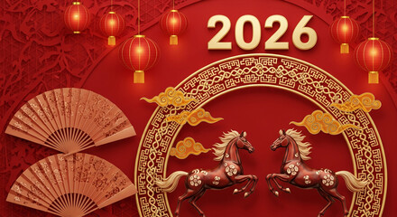 Red background with horse figures, fans, lanterns, and 2026 number. Symbolizes the Chinese Lunar New Year celebration, festive greeting, luck, and prosperity