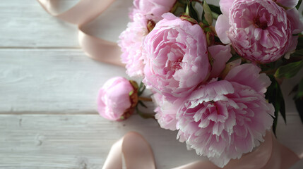 A beautiful arrangement of pink peonies adorned with soft ribbon, resting on a light wooden surface, exuding elegance and charm.