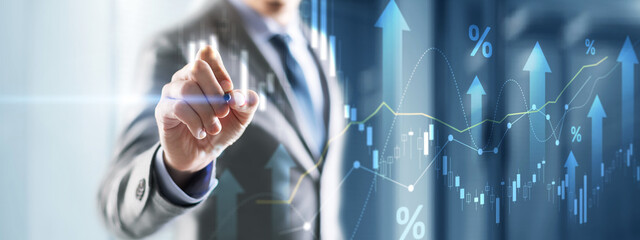 Growing charts against the backdrop of the city. Business chart and reflection buildings