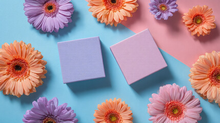 Colorful gerbera daisies surround two pastel boxes on vibrant backgrounds, creating a cheerful and artistic composition perfect for gifts or decor.