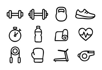 Set of fitness icons in simple bold-line style: dumbbells, kettlebell, sneakers, stopwatch, bottle, yoga mat, heart, jump rope, boxing glove, treadmill, whistle.