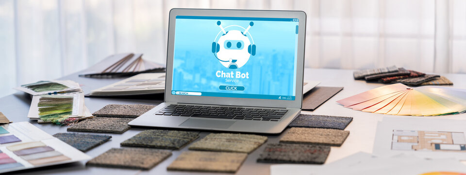 Interior designer workspace table and architecture software on laptop screen with mood board materials and colorful swatch color for color selection. Modern interior design office. Insight