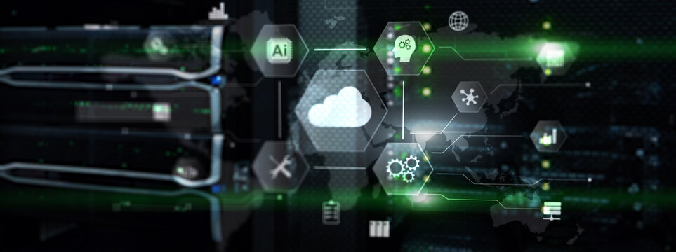 Cloud server and computing, data storage and processing on server background