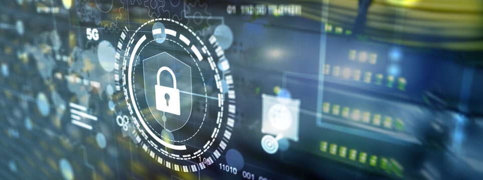 Cyber protection shield icon on server room background. Information Security 2025