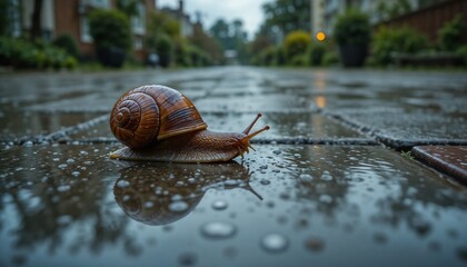 Snail on Garden Tile with Raindrops and Reflected Sky