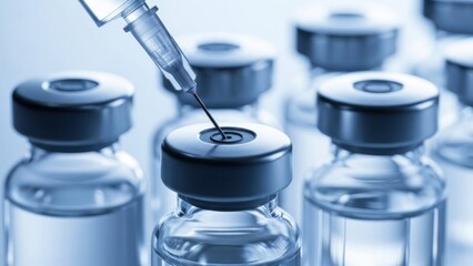 Syringe needle drawing liquid from a pharmaceutical vial closeup.