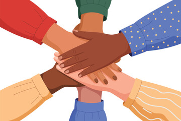 Illustration of diverse hands stacked together in a show of unity and support