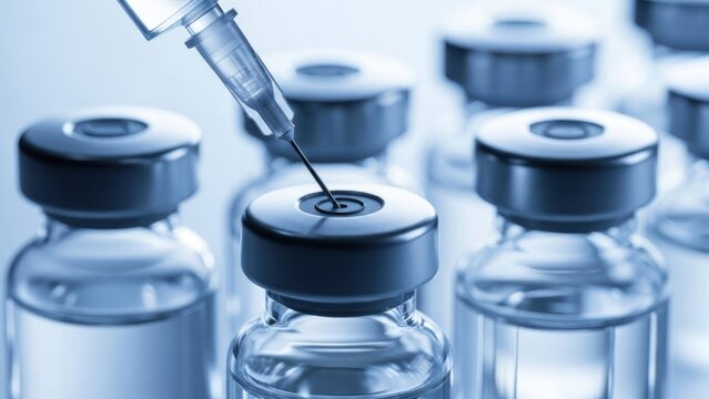 Syringe needle drawing liquid from a pharmaceutical vial closeup. - Powered by Adobe