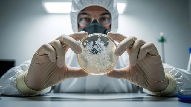 Scientist in protective gear examines culture growth in a petri dish. - Powered by Adobe