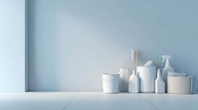A serene, minimalist scene featuring cleaning supplies and tools against a soft blue wall, evoking a sense of organization and calmness.