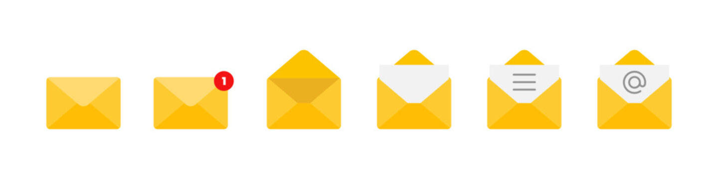 Envelope icon set. Closed, open and new message envelopes with notification badge and paper elements vector. Email communication set for inbox, alerts and contact actions sign. Modern postal concept.