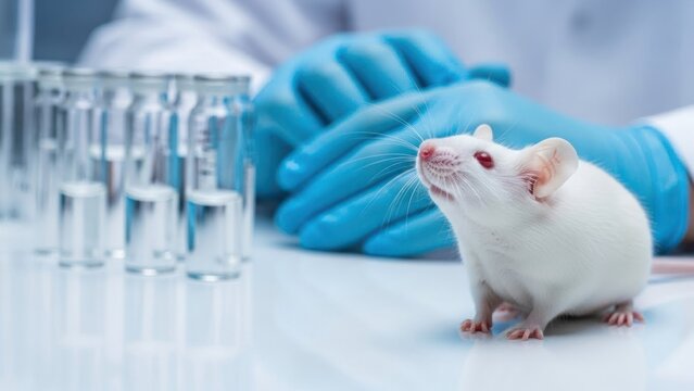 White laboratory mouse near vials with gloved hands in background.