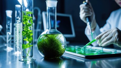 Scientist works with plants in laboratory glassware under blue light.