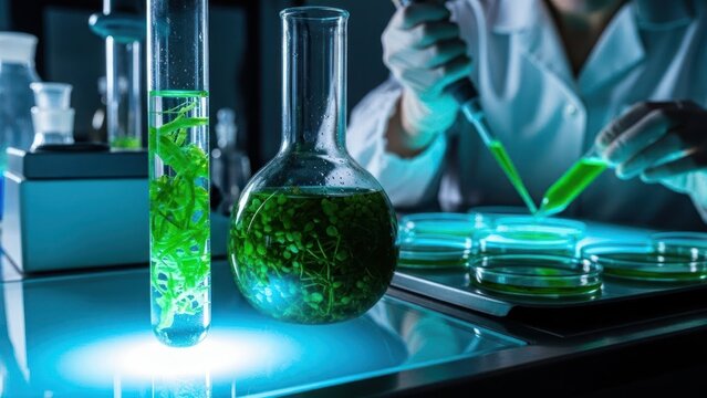 Scientist works with glowing green plant samples in laboratory glassware. - Powered by Adobe