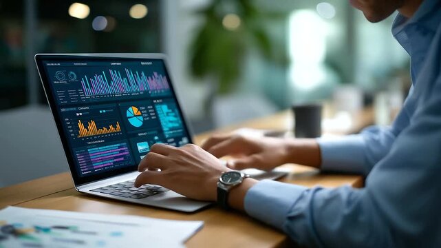 Faceless marketer analyzing digital marketing dashboard interface performance charts display colorful pie graph statistics organization structure diagram business analytics