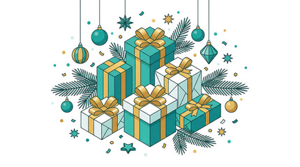 Celebrate the holidays with a cascade of elegantly wrapped presents and festive ornaments bringing joy and delight this winter season