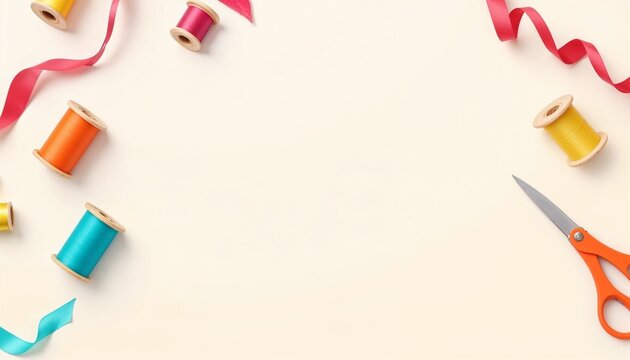 Crafting materials with colorful threads, ribbons, and scissors on table   - Powered by Adobe