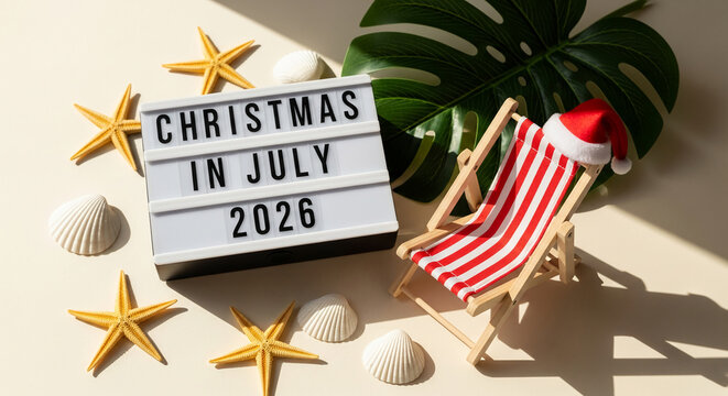 Arrangement featuring beach chair, Santa hat, lightbox with "Christmas in July", starfish, shells, leaf, showcasing summer holiday festive mood