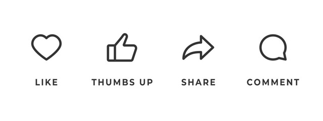 Feedback icon set. Heart, thumbs up, share arrow and comment bubble vector illustration. Clean outline style for media apps symbol. Minimal interface elements for user interaction sign.