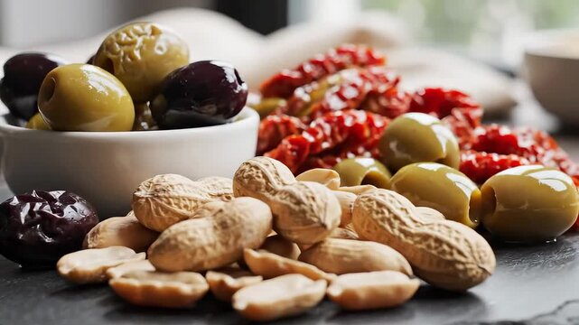 Delicious Snack Platter with Olives Peppers and Peanuts.