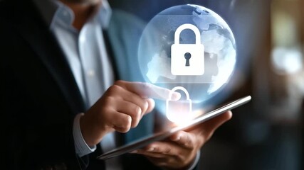 Close up faceless businessman touching digital tablet with holographic security lock icon cybersecurity protection concept data encryption technology AI security system online - Powered by Adobe