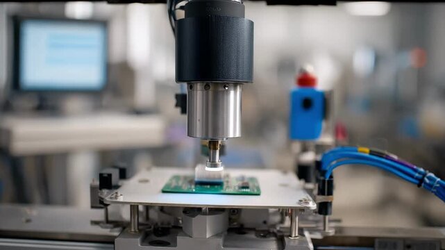 Medium shot of wireless sensorized stamp equipment in action capturing realtime data transmission for efficient industrial process monitoring.