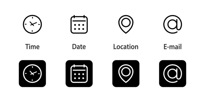 UI icon set. Calendar, location pin and email at-sign elements combined for scheduling vector illustration. Event planning symbol. Navigation and communication sign. Modern interface concept pictogram