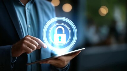Close up faceless businessman using digital tablet with hologram security lock icon overlay cybersecurity concept data protection encryption AI technology security online - Powered by Adobe