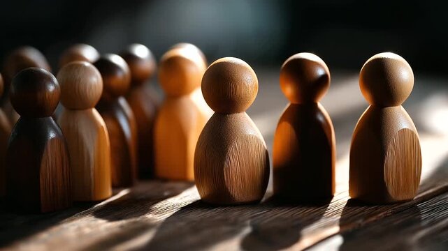 Sad wooden figure excluded separated from group bullying discrimination concept social isolation representation loneliness mental health workplace exclusion school separation