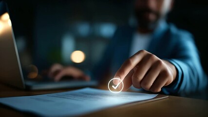 Faceless businessman presenting online document validation icon interface quality assessment management checklist business evaluation process market data report analysis consul - Powered by Adobe