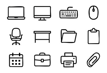 Set of office icons in minimalist bold-line style: laptop, monitor, keyboard, mouse, chair, desk, folder, clipboard, calendar, briefcase, printer, paperclip.