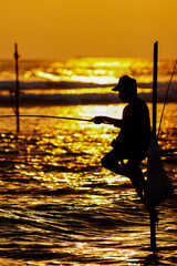traditional stilt fishermen of sri Lanka fishing at sunset