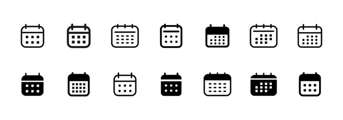 Calendar icon set. Minimal date planner symbols in outline and filled styles vector illustration. Schedule element for marking events sign. Modern agenda interface pictogram concept.