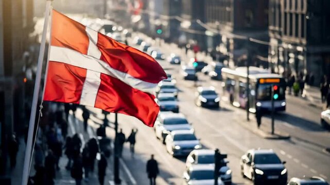Danish flag flying over a busy city street with cars and people. National symbol for independence day. Patriotism and urban life.
