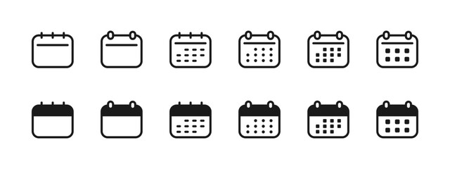 Calendar icon set. Monthly planner with rings and various day-grid layouts vector illustration. Useful schedule element for marking events sign. Clean organizer layout pictogram concept.